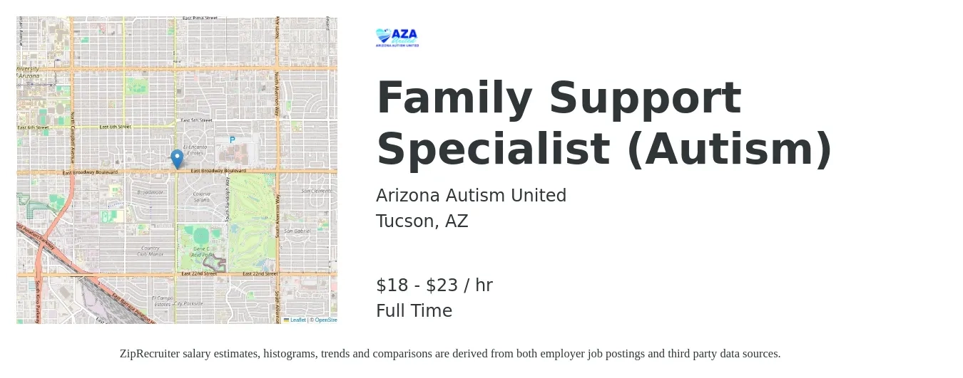 Arizona Autism United job posting for a Family Support Specialist (Autism) in Tucson, AZ with a salary of $19 to $24 Yearly with a map of Tucson location.