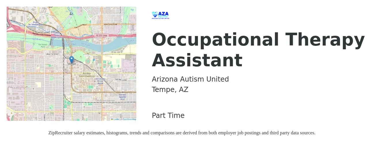 Arizona Autism United job posting for a Occupational Therapy Assistant in Tempe, AZ with a salary of $25 to $34 Hourly with a map of Tempe location.