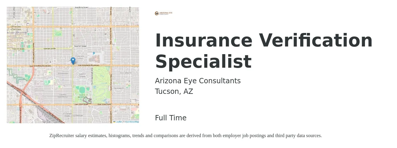 Arizona Eye Consultants job posting for a Insurance Verification Specialist in Tucson, AZ with a salary of $16 to $20 Hourly with a map of Tucson location.