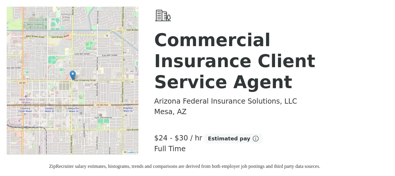 Arizona Federal Insurance Solutions, LLC job posting for a Commercial Insurance Client Service Agent in Mesa, AZ with a salary of $25 to $32 Hourly with a map of Mesa location.