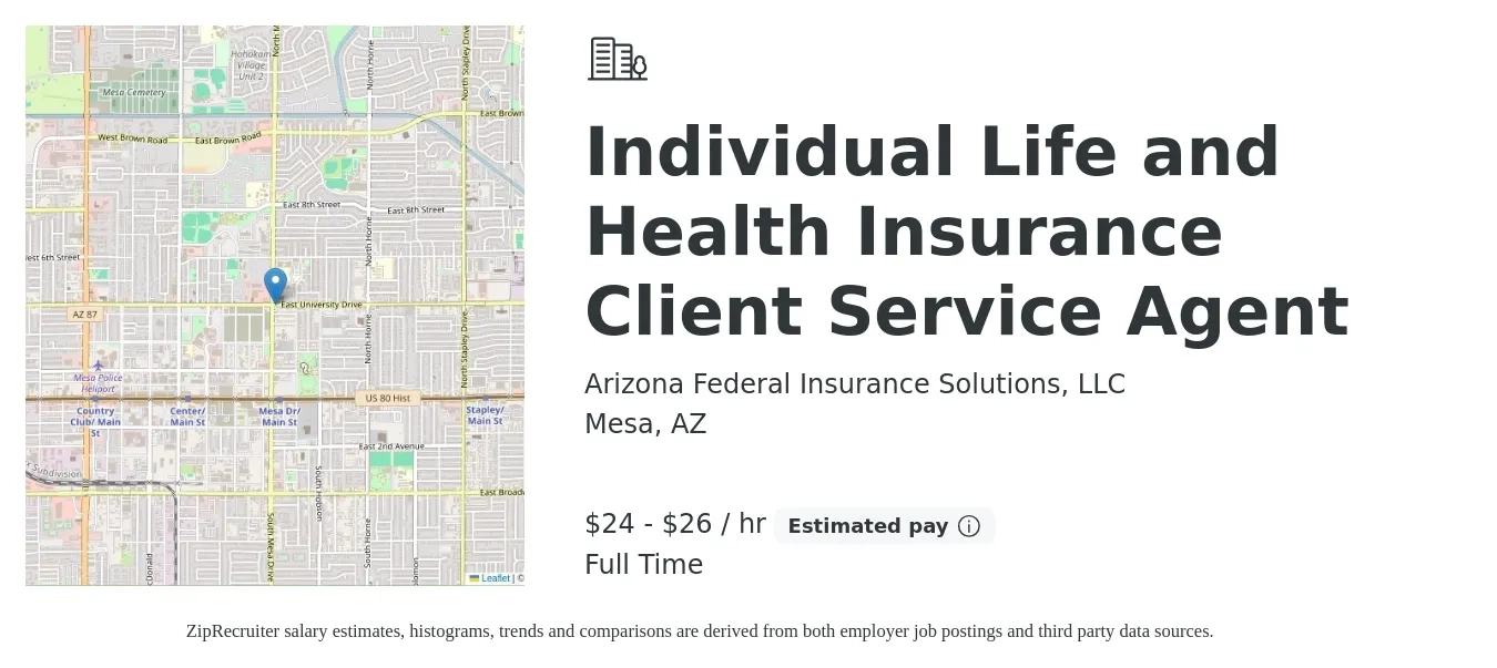 Arizona Federal Insurance Solutions, LLC job posting for a Individual Life and Health Insurance Client Service Agent in Mesa, AZ with a salary of $25 to $28 Hourly with a map of Mesa location.