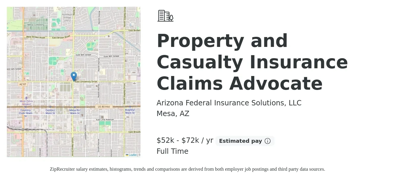 Arizona Federal Insurance Solutions, LLC job posting for a Property and Casualty Insurance Claims Advocate in Mesa, AZ with a salary of $18 to $30 Hourly with a map of Mesa location.