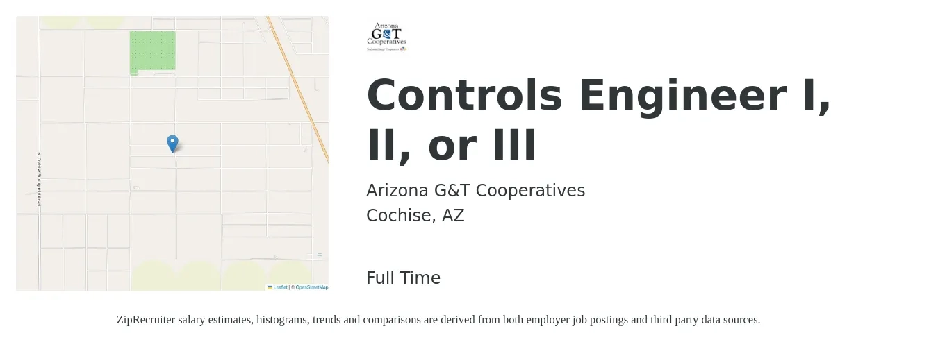 Arizona G&T Cooperatives job posting for a Controls Engineer I, II, or III in Cochise, AZ with a salary of $5,977 to $10,207 Monthly with a map of Cochise location.