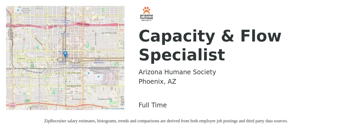 Arizona Humane Society job posting for a Capacity & Flow Specialist in Phoenix, AZ with a map of Phoenix location.