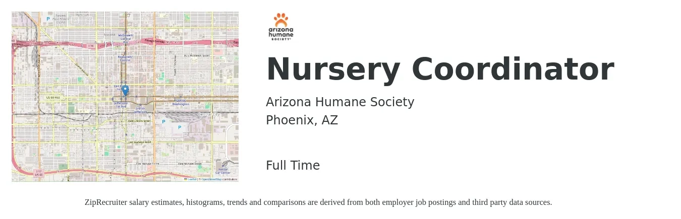 Arizona Humane Society job posting for a Nursery Coordinator in Phoenix, AZ with a salary of $18 to $25 Hourly with a map of Phoenix location.