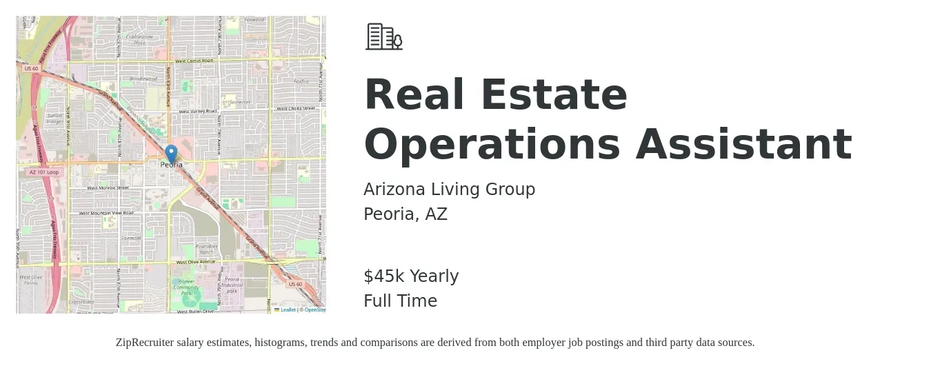 Arizona Living Group job posting for a Real Estate Operations Assistant in Peoria, AZ with a salary of $45,000 Yearly with a map of Peoria location.