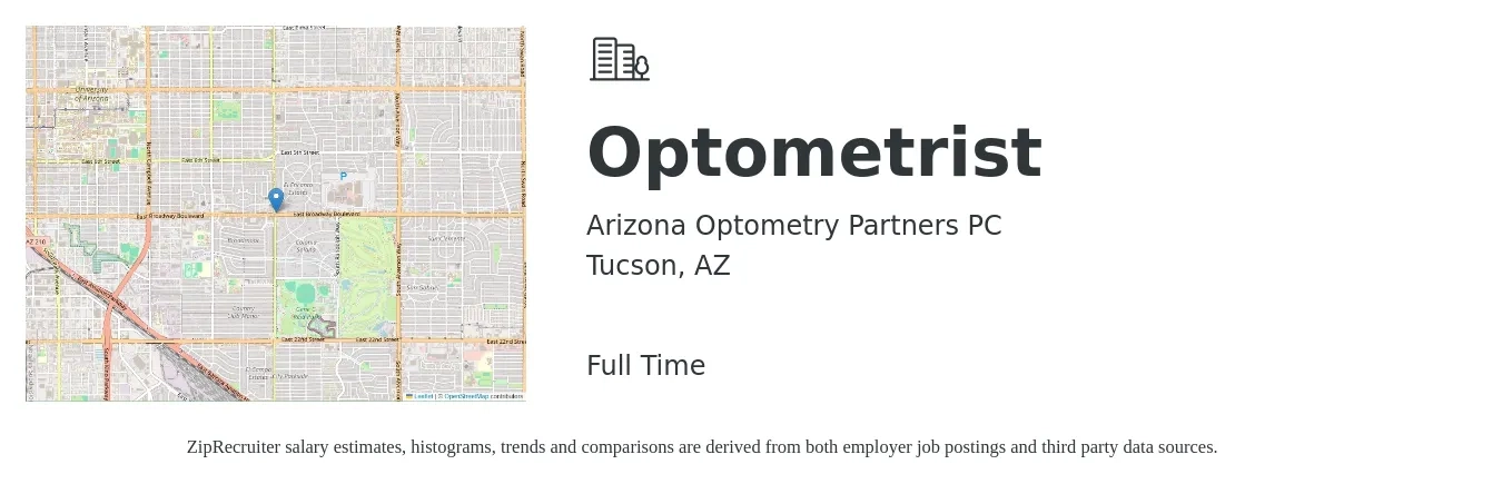 Arizona Optometry Partners PC job posting for a Optometrist in Tucson, AZ with a salary of $87,700 to $130,700 Yearly with a map of Tucson location.