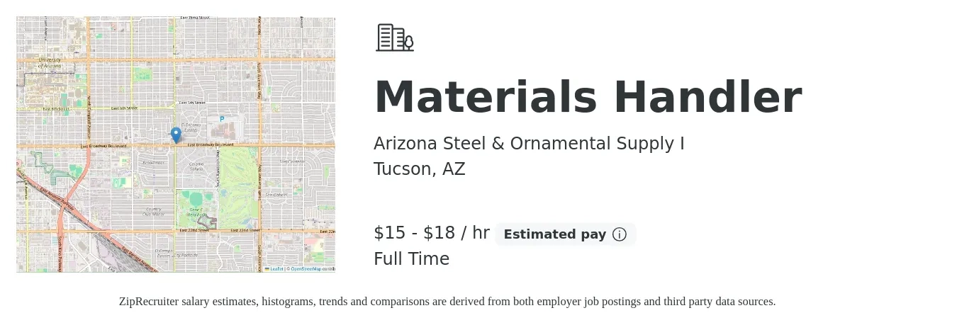 Arizona Steel & Ornamental Supply I job posting for a Materials Handler in Tucson, AZ with a salary of $16 to $19 Hourly with a map of Tucson location.