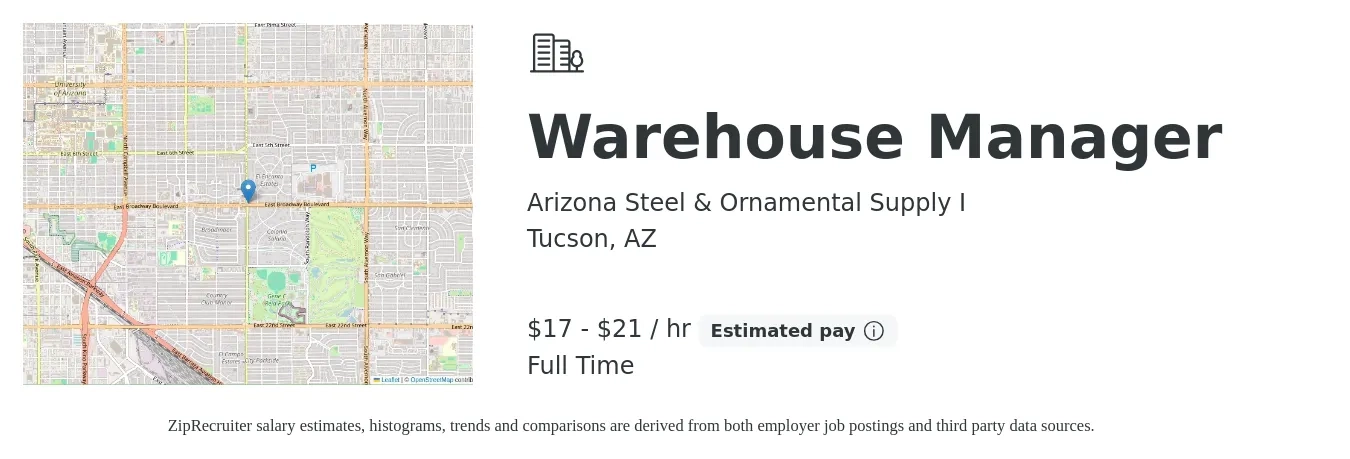 Arizona Steel & Ornamental Supply I job posting for a Warehouse Manager in Tucson, AZ with a salary of $18 to $22 Hourly with a map of Tucson location.