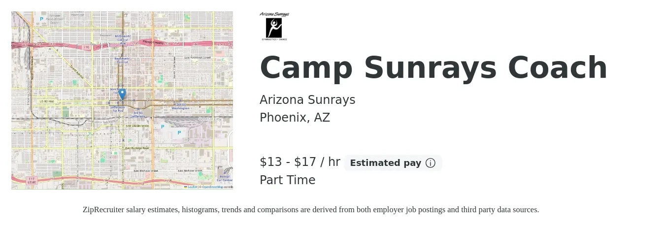 Arizona Sunrays job posting for a Camp Sunrays Coach in Phoenix, AZ with a salary of $14 to $18 Hourly with a map of Phoenix location.