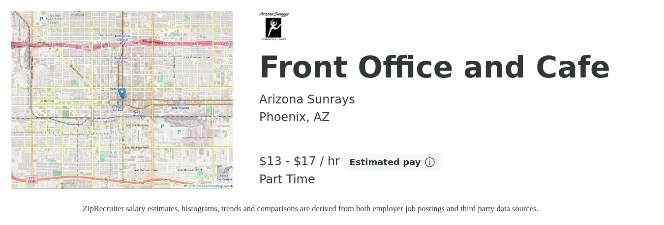 Arizona Sunrays job posting for a Front Office and Cafe in Phoenix, AZ with a salary of $14 to $18 Hourly with a map of Phoenix location.