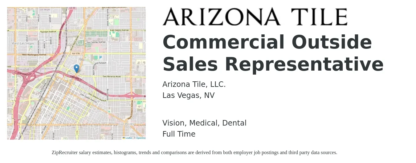 Arizona Tile, LLC. job posting for a Commercial Outside Sales Representative in Las Vegas, NV with a salary of $50,100 to $86,000 Yearly and benefits including dental, life_insurance, medical, pto, retirement, and vision with a map of Las Vegas location.