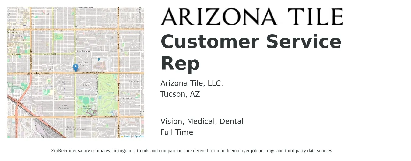 Arizona Tile, LLC. job posting for a Customer Service Rep in Tucson, AZ with a salary of $15 to $20 Hourly and benefits including medical, retirement, vision, dental, and life_insurance with a map of Tucson location.