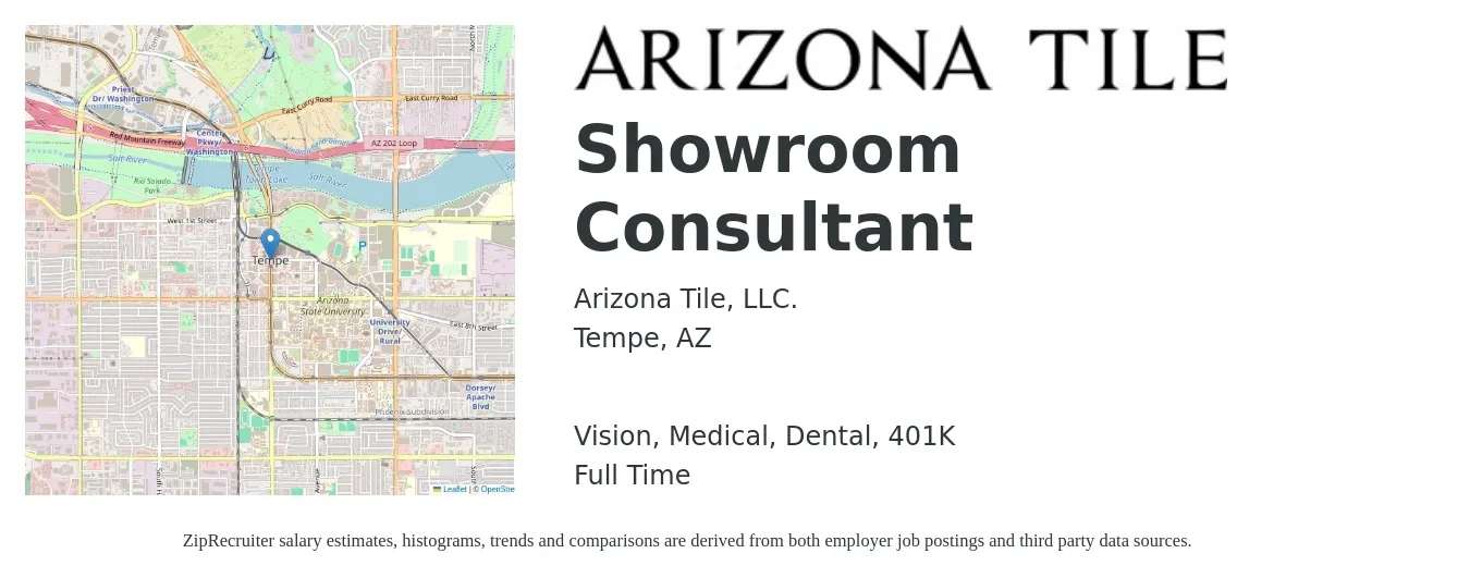 Arizona Tile, LLC. job posting for a Showroom Consultant in Tempe, AZ with a salary of $14 to $21 Hourly and benefits including 401k, dental, life_insurance, medical, and vision with a map of Tempe location.