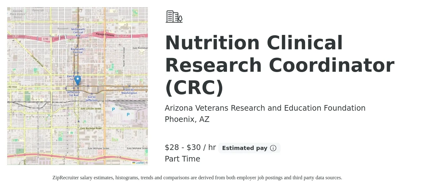 Arizona Veterans Research and Education Foundation job posting for a Nutrition Clinical Research Coordinator (CRC) in Phoenix, AZ with a salary of $30 to $32 Hourly with a map of Phoenix location.