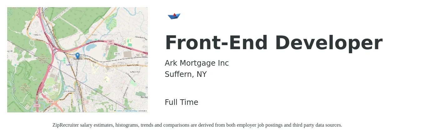 Ark Mortgage Inc job posting for a Front-End Developer in Suffern, NY with a salary of $90 to $125 Yearly with a map of Suffern location.