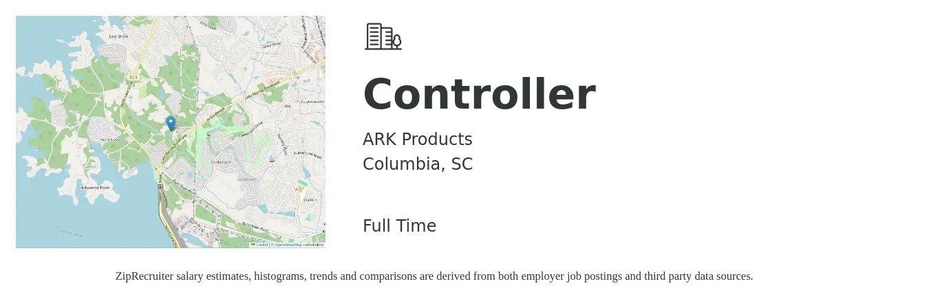 ARK Products job posting for a Controller in Columbia, SC with a salary of $83,900 to $119,700 Yearly with a map of Columbia location.