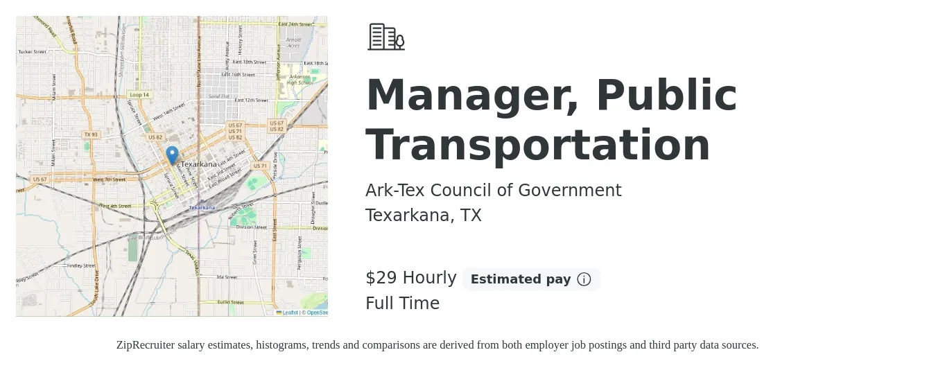 Ark-Tex Council of Government job posting for a Manager, Public Transportation in Texarkana, TX with a salary of $63,411 Yearly with a map of Texarkana location.