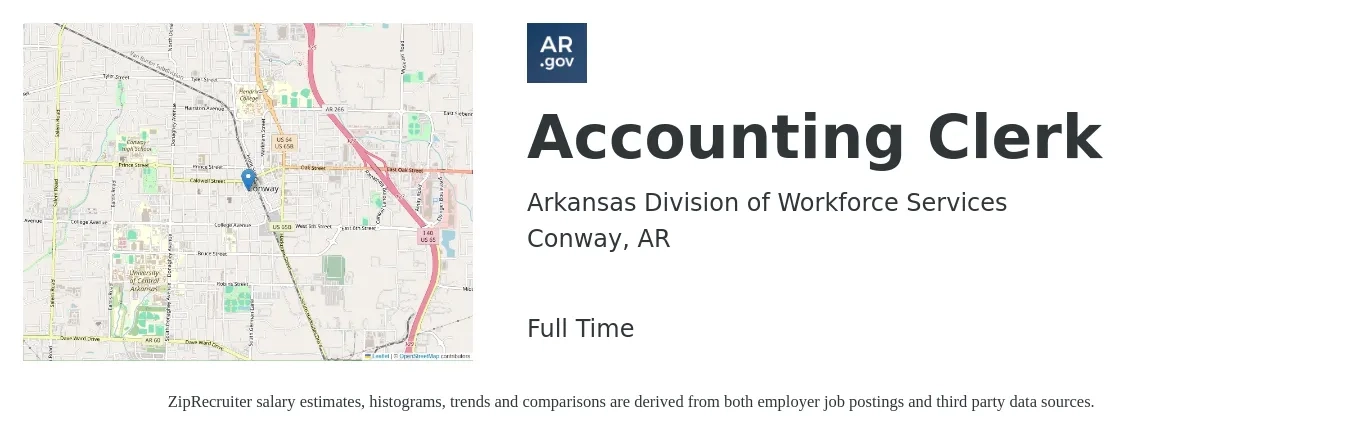 Arkansas Division of Workforce Services job posting for a Accounting Clerk in Conway, AR with a salary of $16 to $21 Hourly with a map of Conway location.