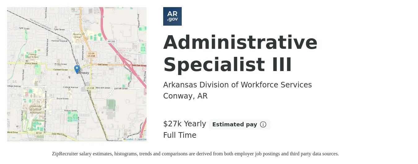 Arkansas Division of Workforce Services job posting for a Administrative Specialist III in Conway, AR with a salary of $27,040 Yearly with a map of Conway location.