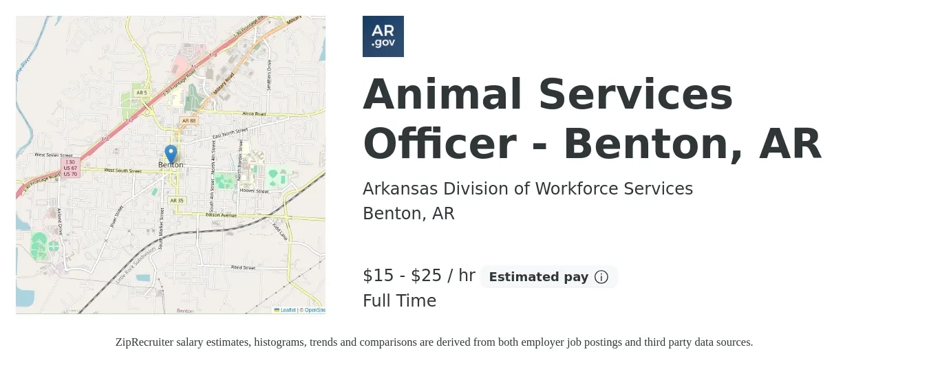 Arkansas Division of Workforce Services job posting for a Animal Services Officer - Benton, AR in Benton, AR with a salary of $16 to $26 Hourly with a map of Benton location.