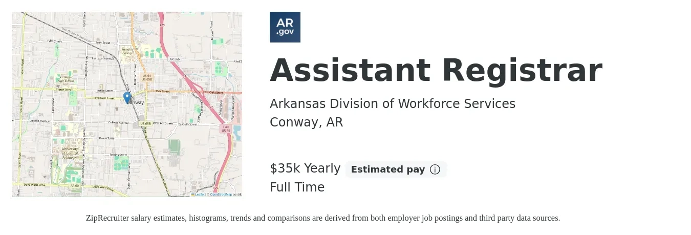Arkansas Division of Workforce Services job posting for a Assistant Registrar in Conway, AR with a salary of $35,904 Yearly with a map of Conway location.