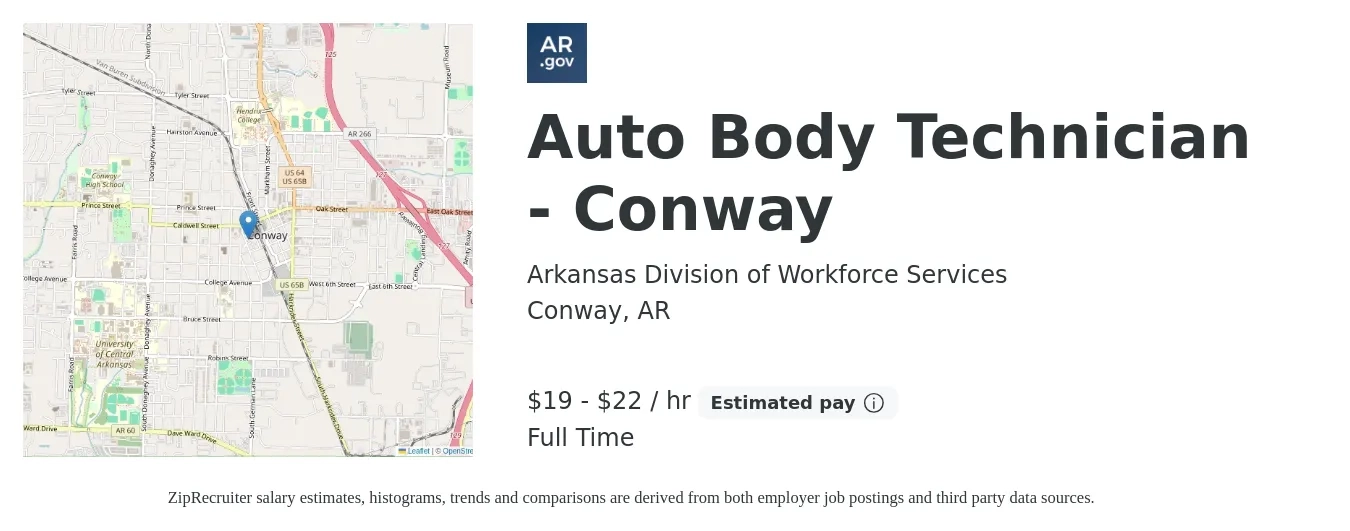 Arkansas Division of Workforce Services job posting for a Auto Body Technician - Conway in Conway, AR with a salary of $20 to $23 Hourly with a map of Conway location.