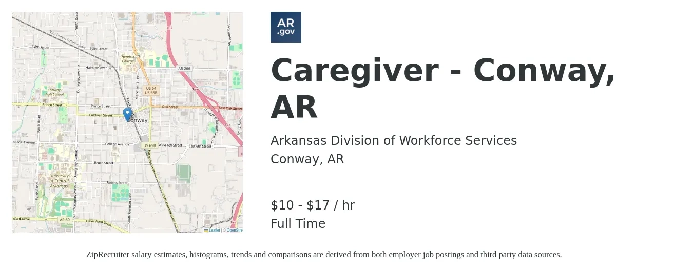 Arkansas Division of Workforce Services job posting for a Caregiver - Conway, AR in Conway, AR with a salary of $11 to $18 Hourly with a map of Conway location.
