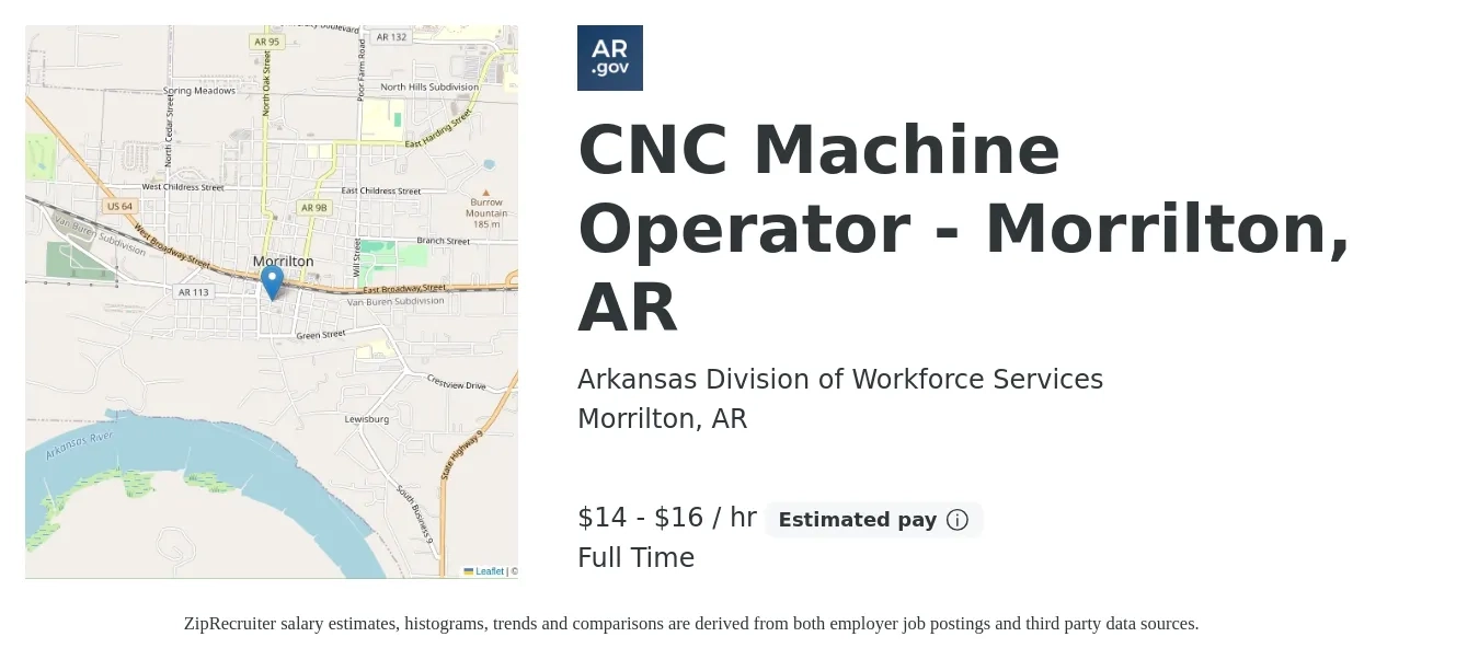 Arkansas Division of Workforce Services job posting for a CNC Machine Operator - Morrilton, AR in Morrilton, AR with a salary of $15 to $17 Hourly with a map of Morrilton location.