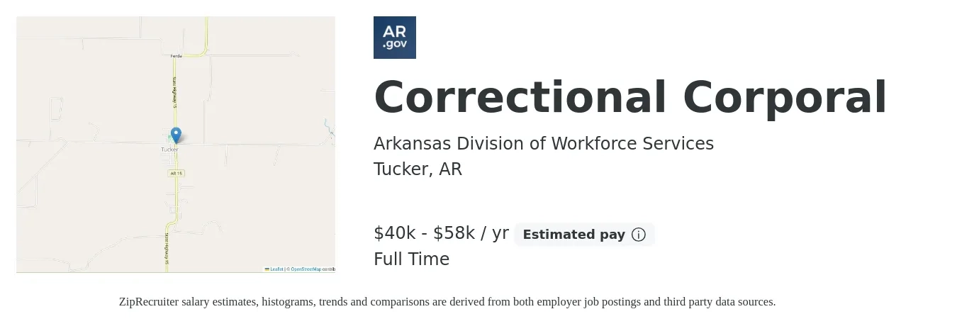 Arkansas Division of Workforce Services job posting for a Correctional Corporal in Tucker, AR with a salary of $40,340 to $58,493 Yearly with a map of Tucker location.