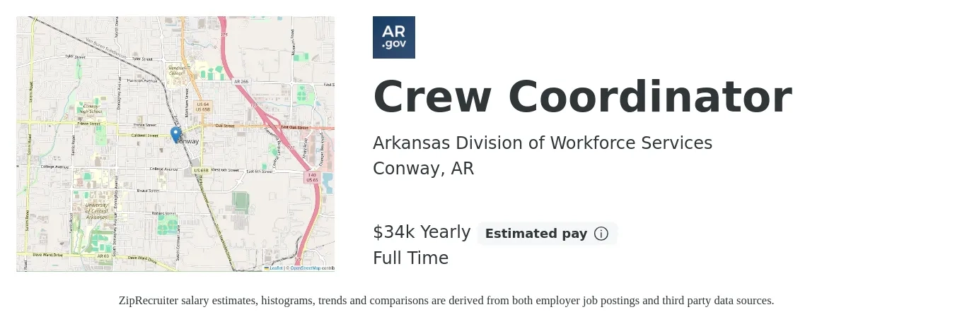 Arkansas Division of Workforce Services job posting for a Crew Coordinator in Conway, AR with a salary of $34,000 Yearly with a map of Conway location.