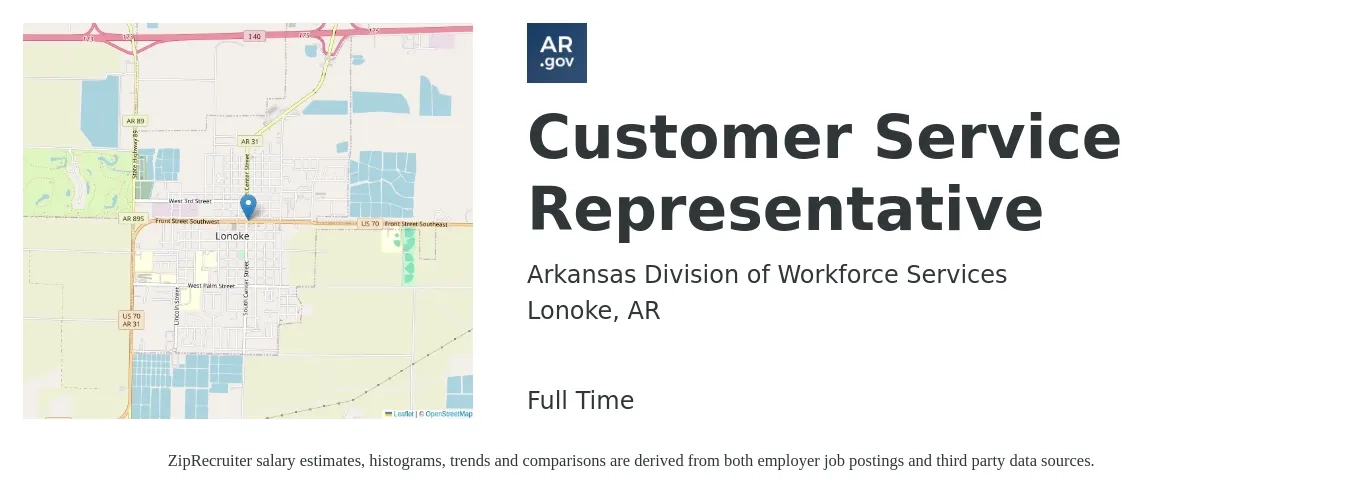 Arkansas Division of Workforce Services job posting for a Customer Service Representative in Lonoke, AR with a salary of $14 to $19 Hourly with a map of Lonoke location.