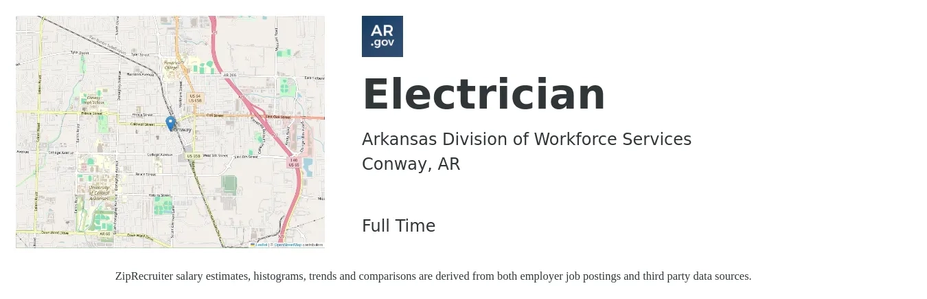 Arkansas Division of Workforce Services job posting for a Electrician in Conway, AR with a salary of $22 to $30 Hourly with a map of Conway location.
