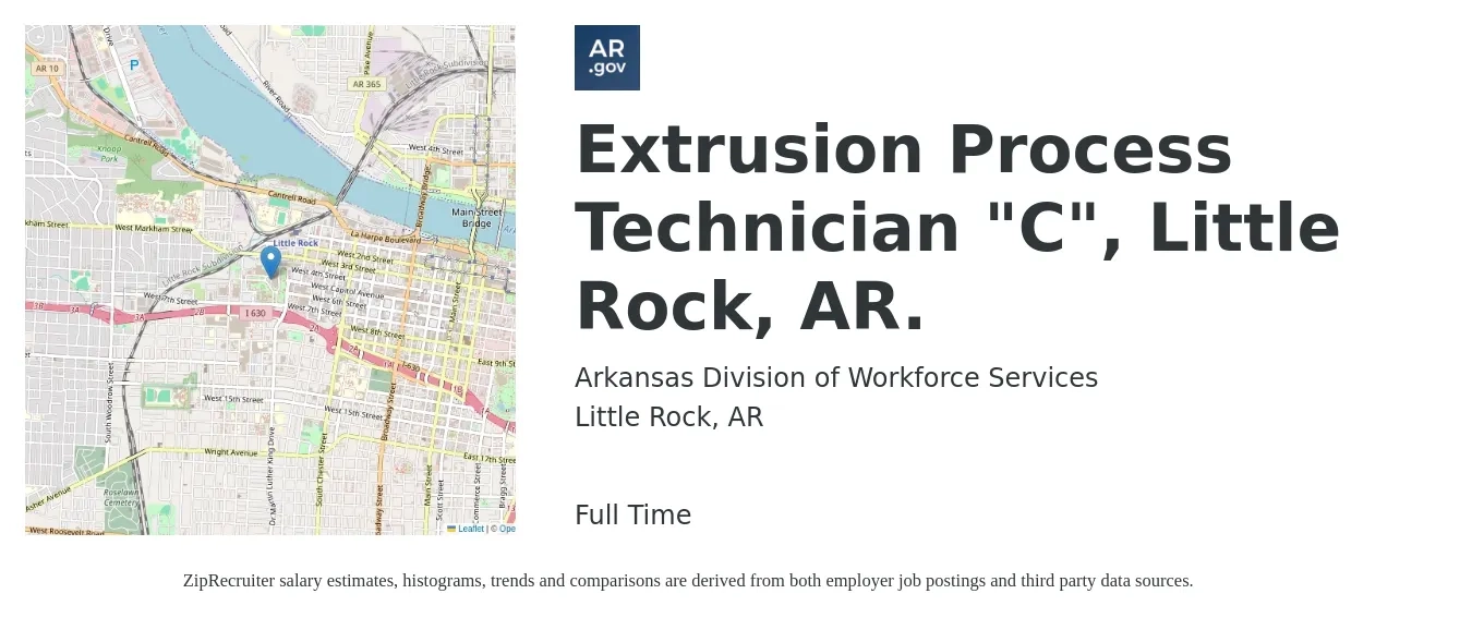 Arkansas Division of Workforce Services job posting for a Extrusion Process Technician "C", Little Rock, AR. in Little Rock, AR with a salary of $17 to $22 Hourly with a map of Little Rock location.