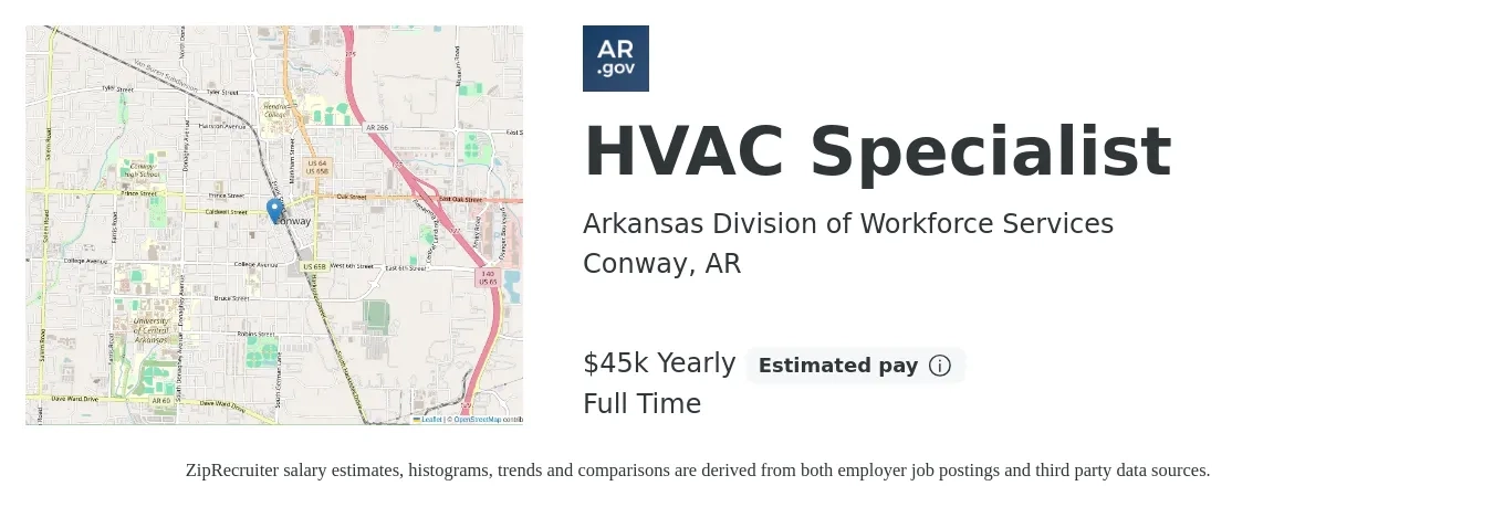 Arkansas Division of Workforce Services job posting for a HVAC Specialist in Conway, AR with a salary of $45,000 Yearly with a map of Conway location.