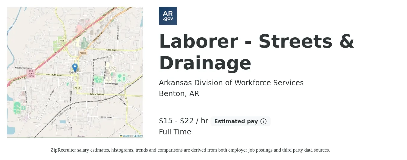 Arkansas Division of Workforce Services job posting for a Laborer - Streets & Drainage in Benton, AR with a salary of $16 to $23 Hourly with a map of Benton location.