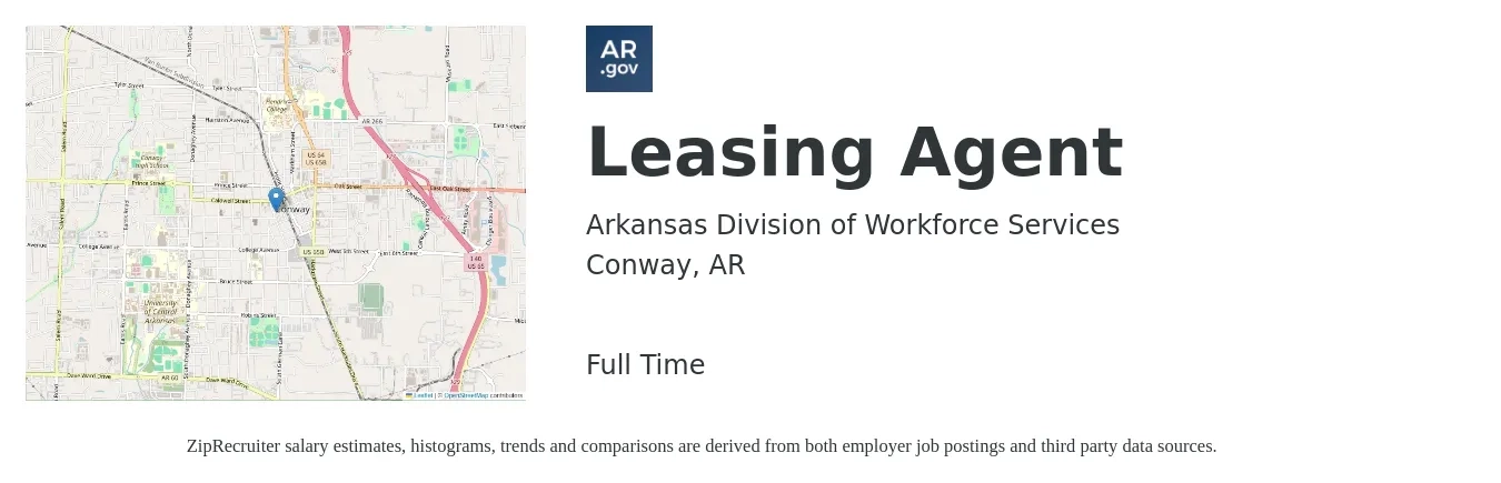 Arkansas Division of Workforce Services job posting for a Leasing Agent in Conway, AR with a salary of $13 to $16 Hourly with a map of Conway location.