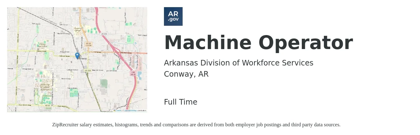 Arkansas Division of Workforce Services job posting for a Machine Operator in Conway, AR with a salary of $15 to $18 Hourly with a map of Conway location.