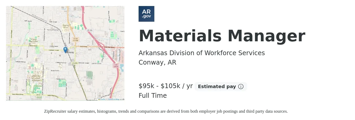 Arkansas Division of Workforce Services job posting for a Materials Manager in Conway, AR with a salary of $95,000 to $105,000 Yearly with a map of Conway location.
