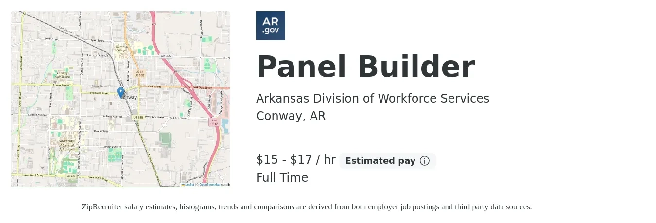 Arkansas Division of Workforce Services job posting for a Panel Builder in Conway, AR with a salary of $16 to $18 Hourly with a map of Conway location.