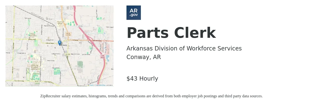 Arkansas Division of Workforce Services job posting for a Parts Clerk in Conway, AR with a salary of $45 Hourly with a map of Conway location.