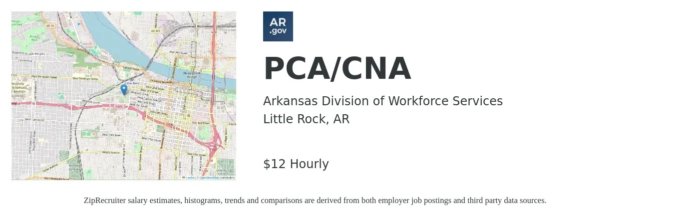 Arkansas Division of Workforce Services job posting for a PCA/CNA in Little Rock, AR with a salary of $13 Hourly with a map of Little Rock location.