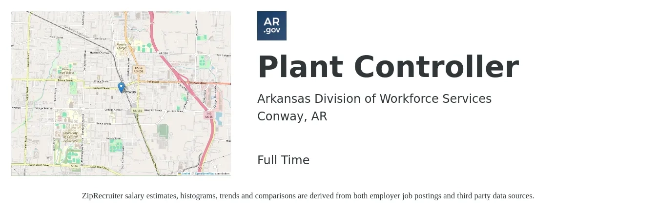 Arkansas Division of Workforce Services job posting for a Plant Controller in Conway, AR with a salary of $93,800 to $116,600 Yearly with a map of Conway location.