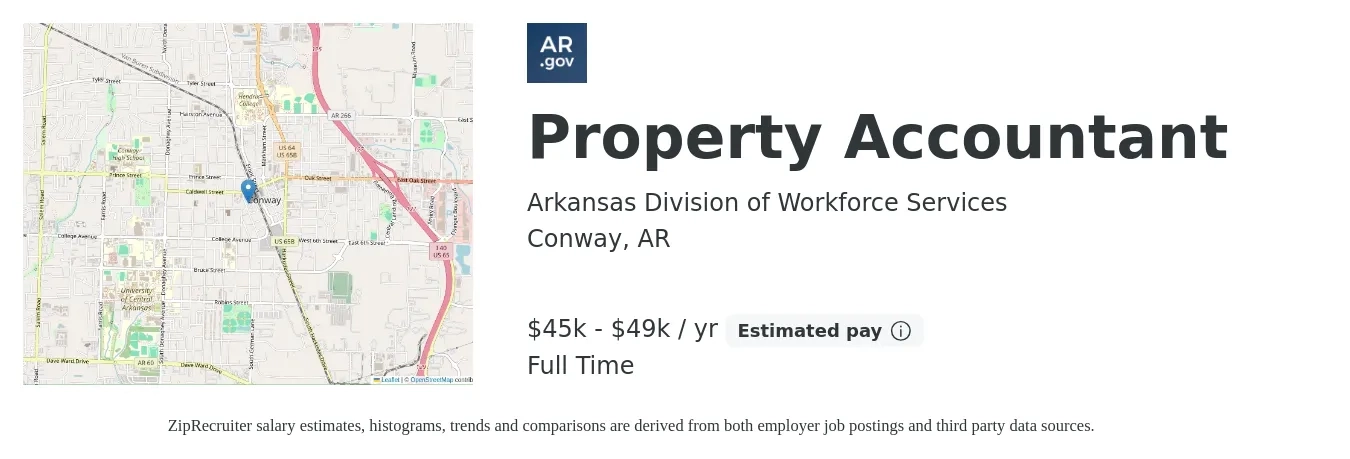 Arkansas Division of Workforce Services job posting for a Property Accountant in Conway, AR with a salary of $45,000 to $49,000 Yearly with a map of Conway location.