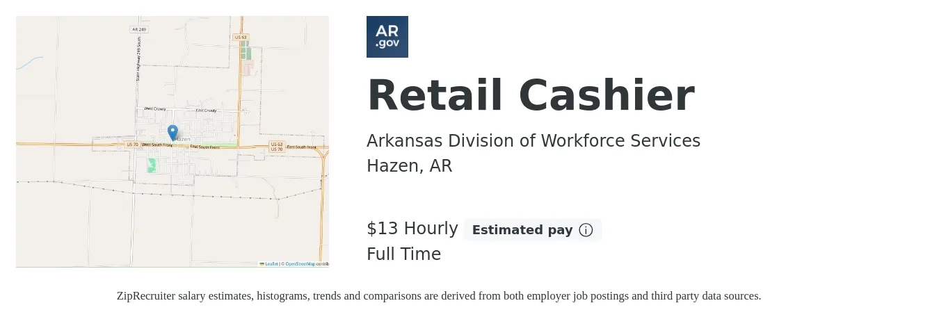 Arkansas Division of Workforce Services job posting for a Retail Cashier in Hazen, AR with a salary of $14 Hourly with a map of Hazen location.