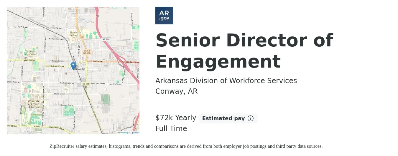 Arkansas Division of Workforce Services job posting for a Senior Director of Engagement in Conway, AR with a salary of $72,000 Yearly with a map of Conway location.