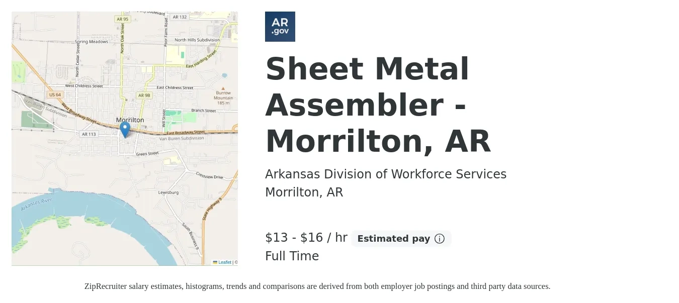 Arkansas Division of Workforce Services job posting for a Sheet Metal Assembler - Morrilton, AR in Morrilton, AR with a salary of $14 to $17 Hourly with a map of Morrilton location.