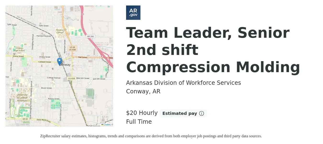 Arkansas Division of Workforce Services job posting for a Team Leader, Senior 2nd shift Compression Molding in Conway, AR with a salary of $22 Hourly with a map of Conway location.