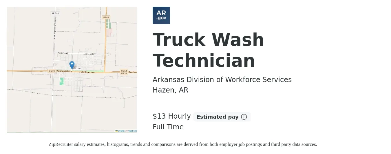 Arkansas Division of Workforce Services job posting for a Truck Wash Technician in Hazen, AR with a salary of $14 Hourly with a map of Hazen location.