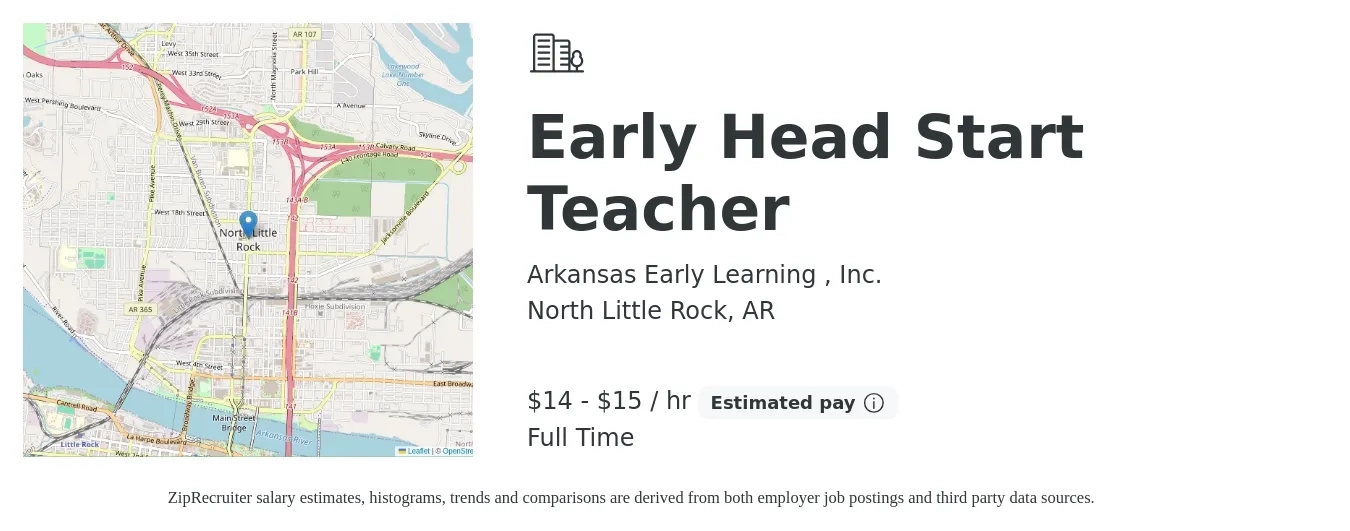 Arkansas Early Learning , Inc. job posting for a Early Head Start Teacher in North Little Rock, AR with a salary of $15 to $16 Hourly with a map of North Little Rock location.